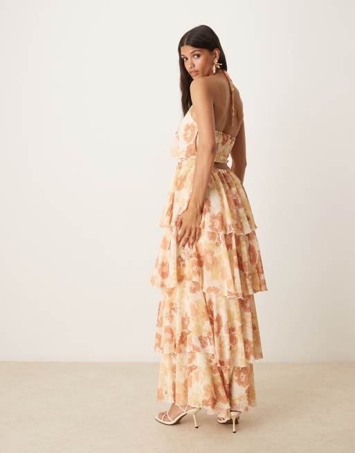 Pretty Lavish halterneck ruffle maxi dress in terracotta petal, 3 of 4