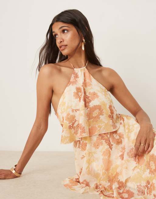 Pretty Lavish halterneck ruffle maxi dress in terracotta petal, 4 of 4