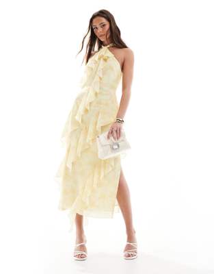 halterneck ruffle midaxi dress in lemon floral-Multi