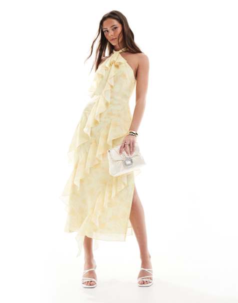 Pretty Lavish halterneck ruffle midaxi dress in lemon floral - view 1