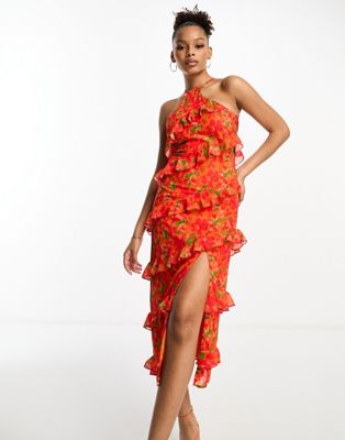 Pretty Lavish halterneck ruffle split midaxi dress in red and orange floral - ASOS Price Checker