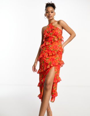 Pretty Lavish halterneck ruffle split midaxi dress in red and orange floral