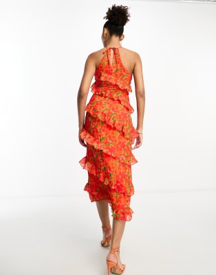 Pretty Lavish Halterneck Ruffle Split Midaxi Dress In Red