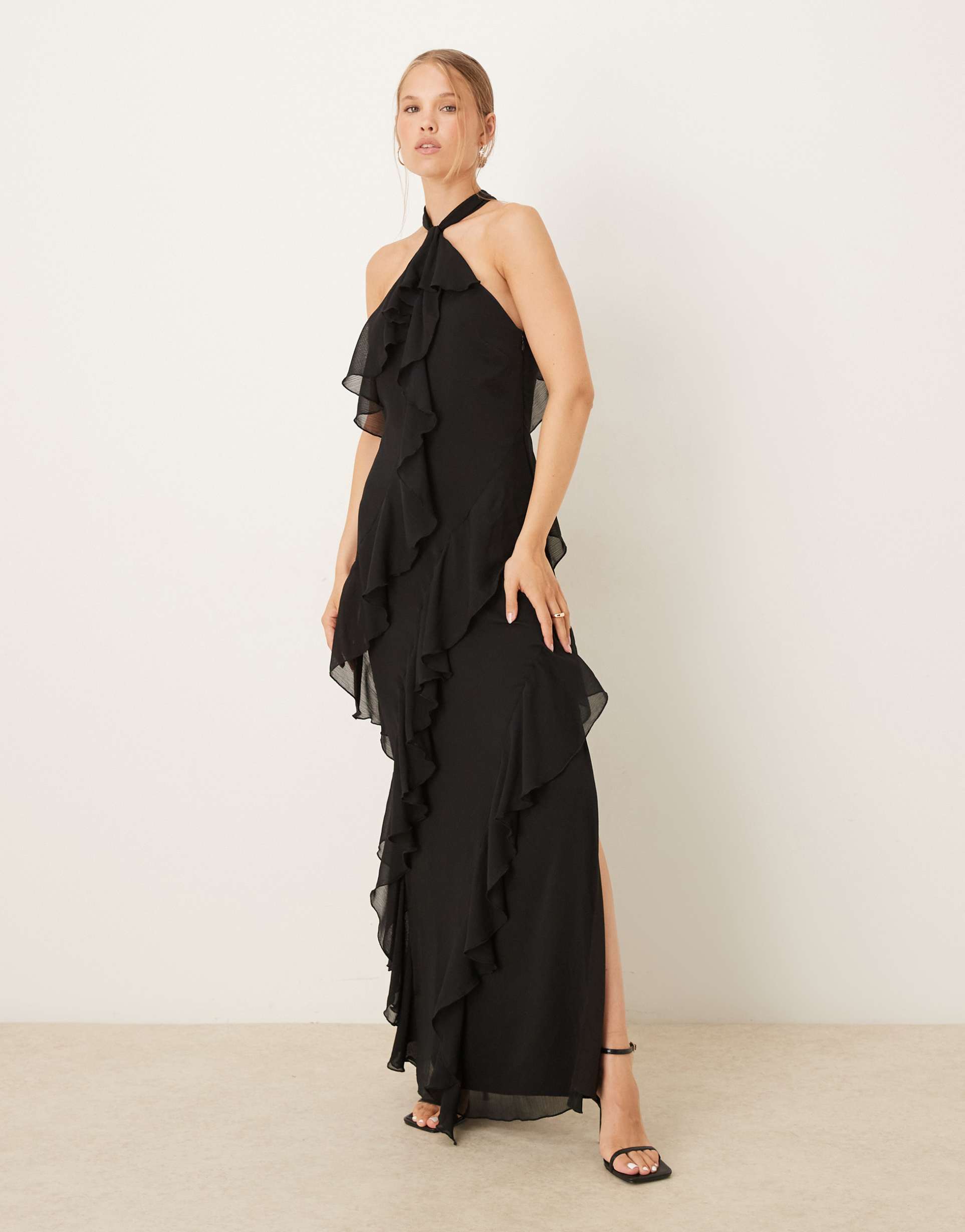 pretty lavish halterneck ruffled maxi dress in lime