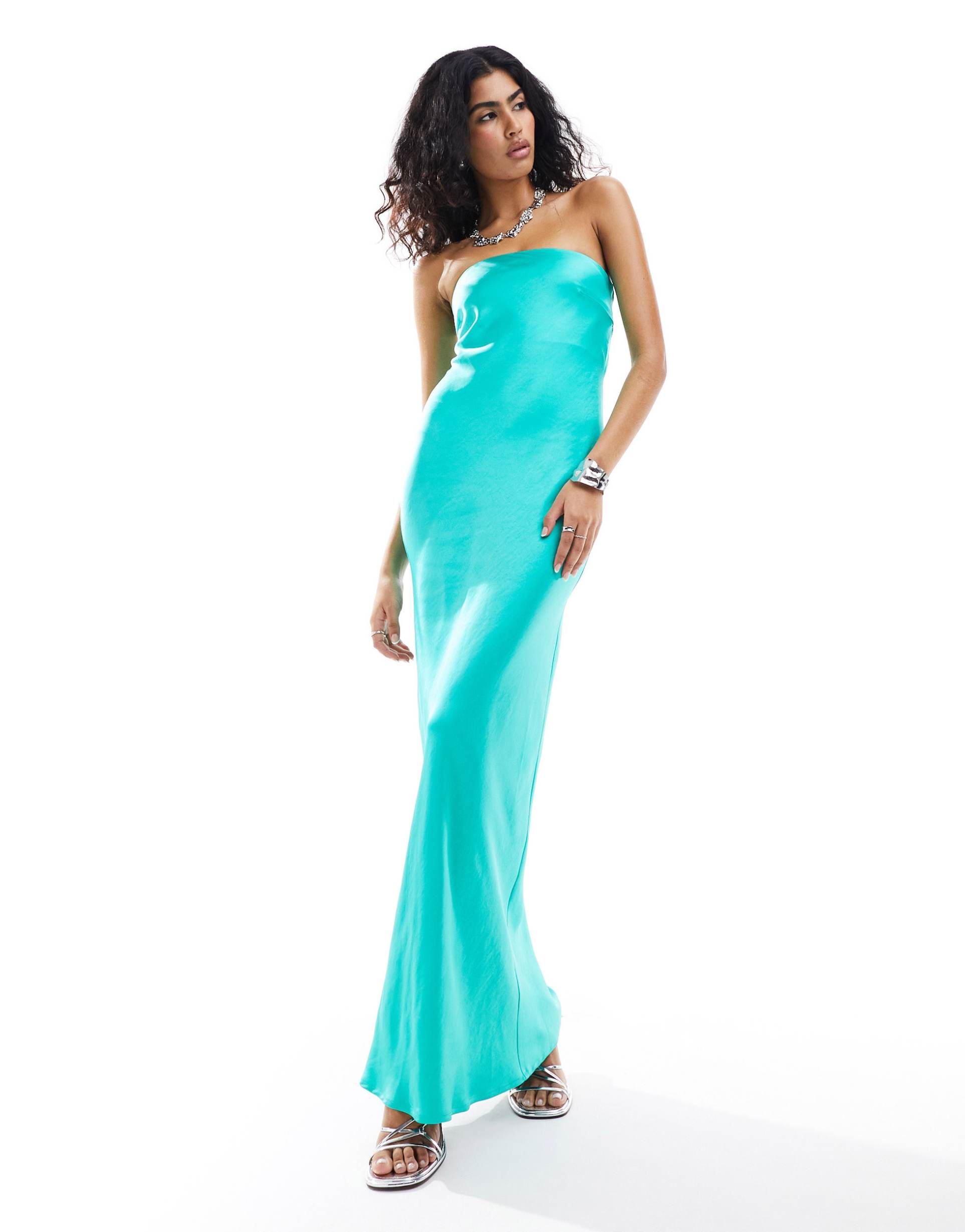 pretty lavish hammered satin maxi dress in jade green