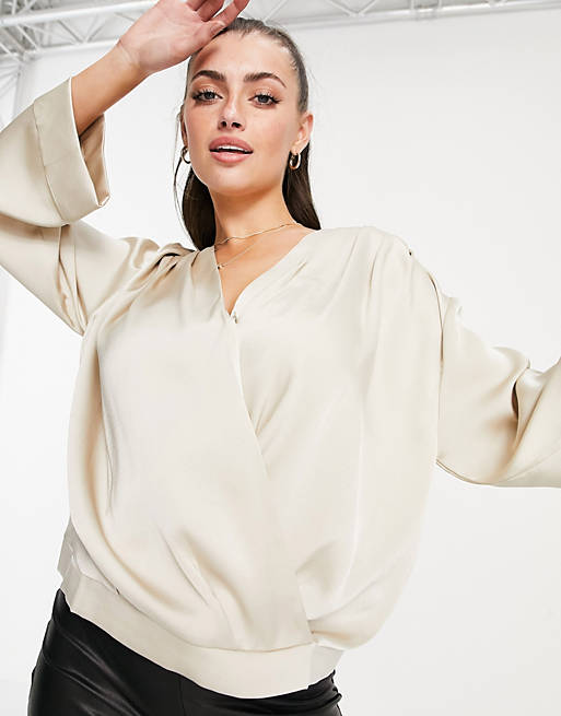 Pretty Lavish Harper relaxed satin wrap blouse in taupe