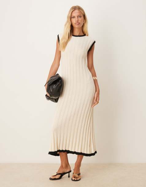 Pretty Lavish harrie contrast wide rib knit midaxi dress in cream and black - view 1