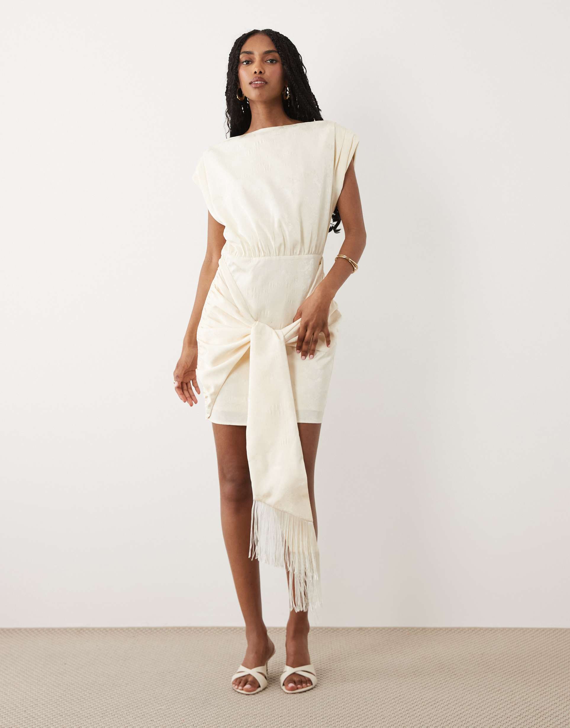 pretty lavish hattie jacquard cap sleeveless fringe tie detail mini dress in cream