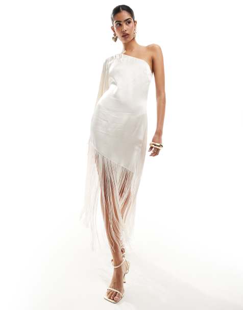 Pretty Lavish - Hen - Hvid midaxi-kjole med oneshoulder-snit og frynser - view 1