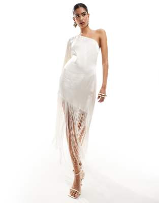 Pretty Lavish Hen one shoulder fringed midaxi dress in ivory