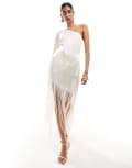 [Pretty Lavish] Pretty Lavish Hen one shoulder fringed midaxi dress in ivory-White 6 Ivory