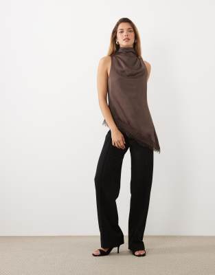 Pretty Lavish High Cowl Neck Asymmetric Lace Hem Satin Top In Brown