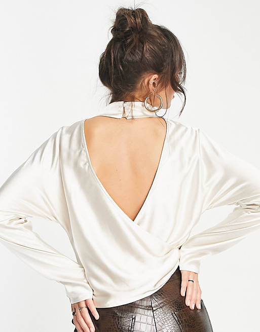 Women Shirts & Blouses/Pretty Lavish high neck backless blouse in oyster 
