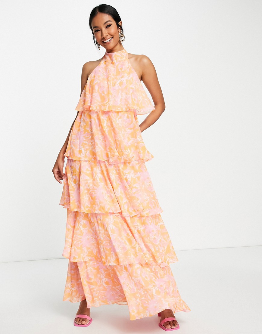 Pretty Lavish high neck backless tiered maxi dress in abstract floral-Multi