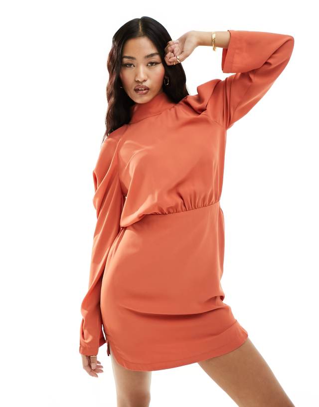 Pretty Lavish - high neck chiffon mini dress in terracotta