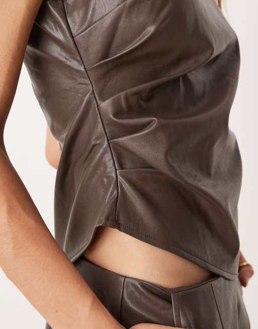Pretty Lavish high neck faux leather top co-ord in chocolate brown, 4 of 4