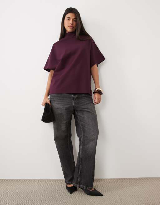 Pretty Lavish high neck kimono style top in burgundy, 3 of 4