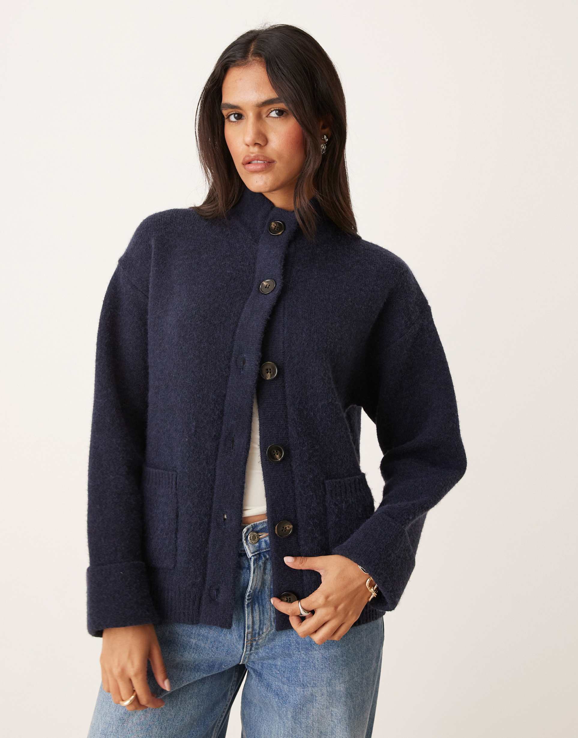pretty lavish high neck knit cardigan in navy