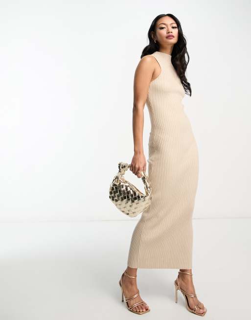 High Neck Rib Sleeveless Dress Beige