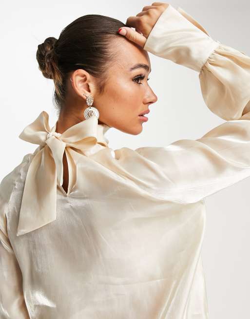 Pretty Lavish high neck organza blouse in champagne metallic, 3 of 4