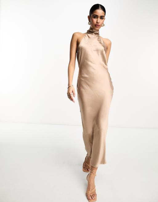 Pretty Lavish high neck satin midaxi dress in mocha | ASOS