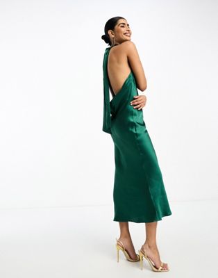 ASOS DESIGN satin high neck drape maxi dress with open back and high split  in wine