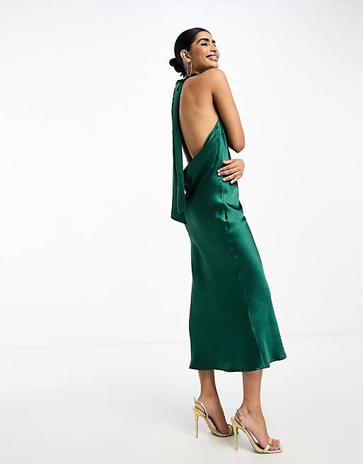 Pretty Lavish high neck satin midi dress in emerald | ASOS