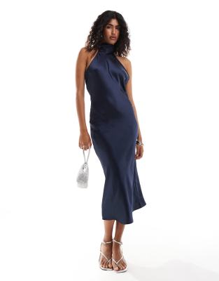 high neck satin midi dress in navy-Blue