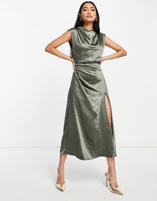 Pretty Lavish High Neck Satin Midi Dress In Petrol-gray | ModeSens