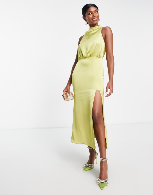 Pretty Lavish high neck slit midaxi dress in chartreuse