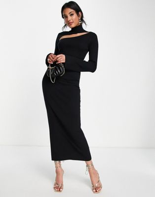Pretty Lavish high neck split knitted midaxi dress in black