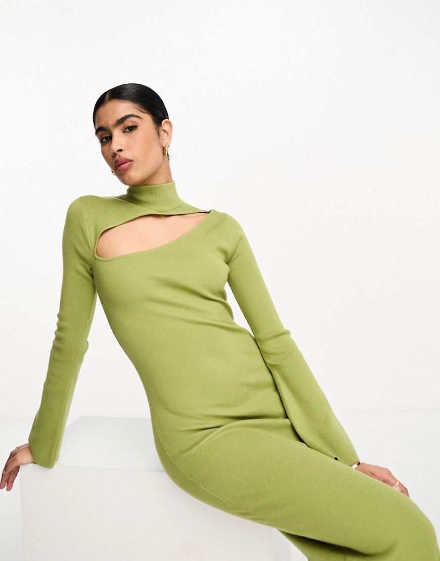 Pretty Lavish high neck split knitted midaxi dress in olive-Green