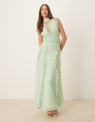 Pretty Lavish Pretty Lavish Ingrid ruffle maxi dress in sage-Green