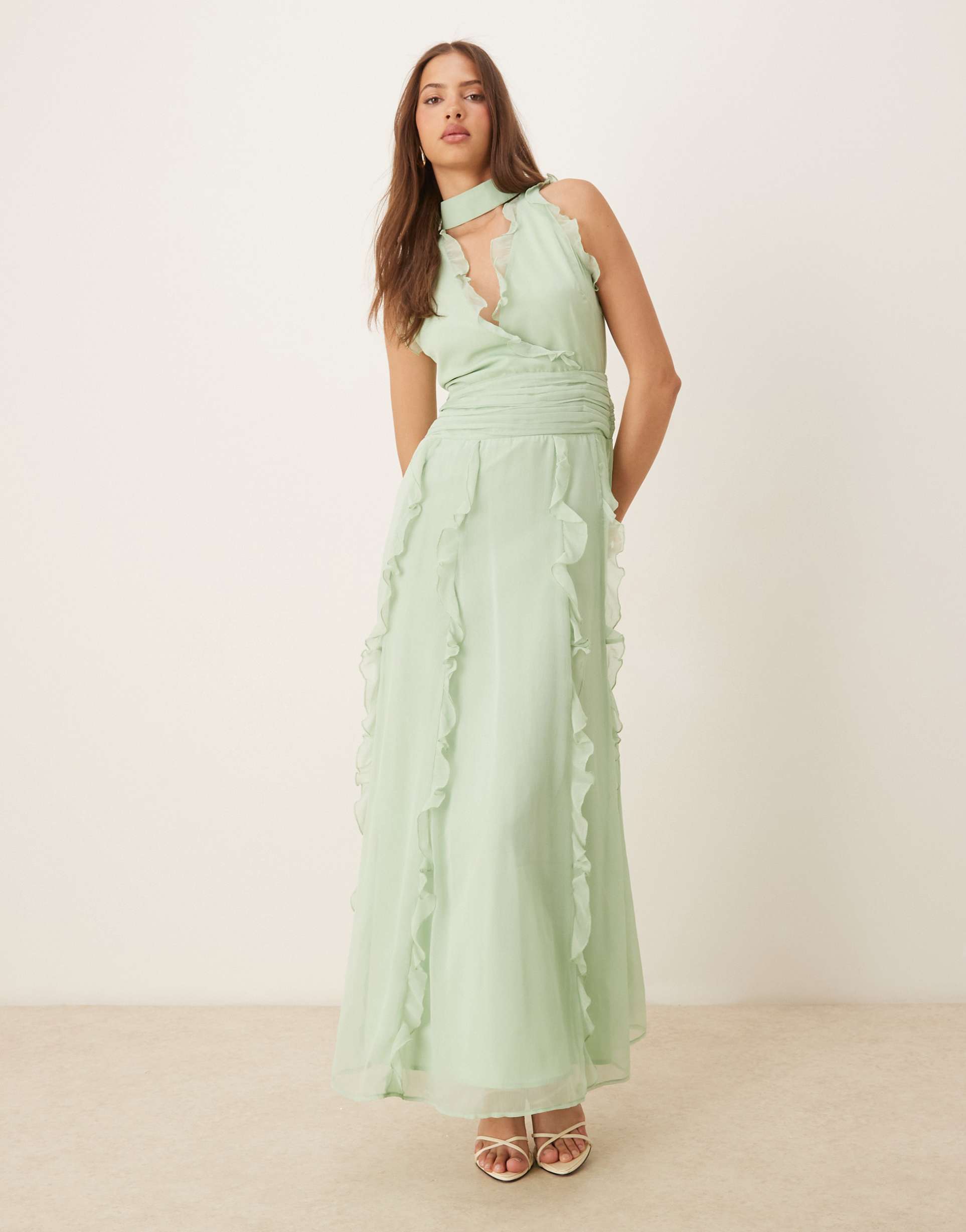 pretty lavish ingrid ruffle maxi dress in sage