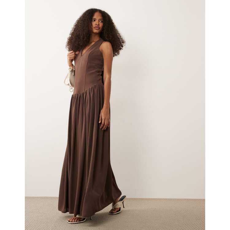 chestnut drop waist maxi dress brown reviews The A Tiled Wonderland V Neck Relaxed Short Dress With Dropped Waist