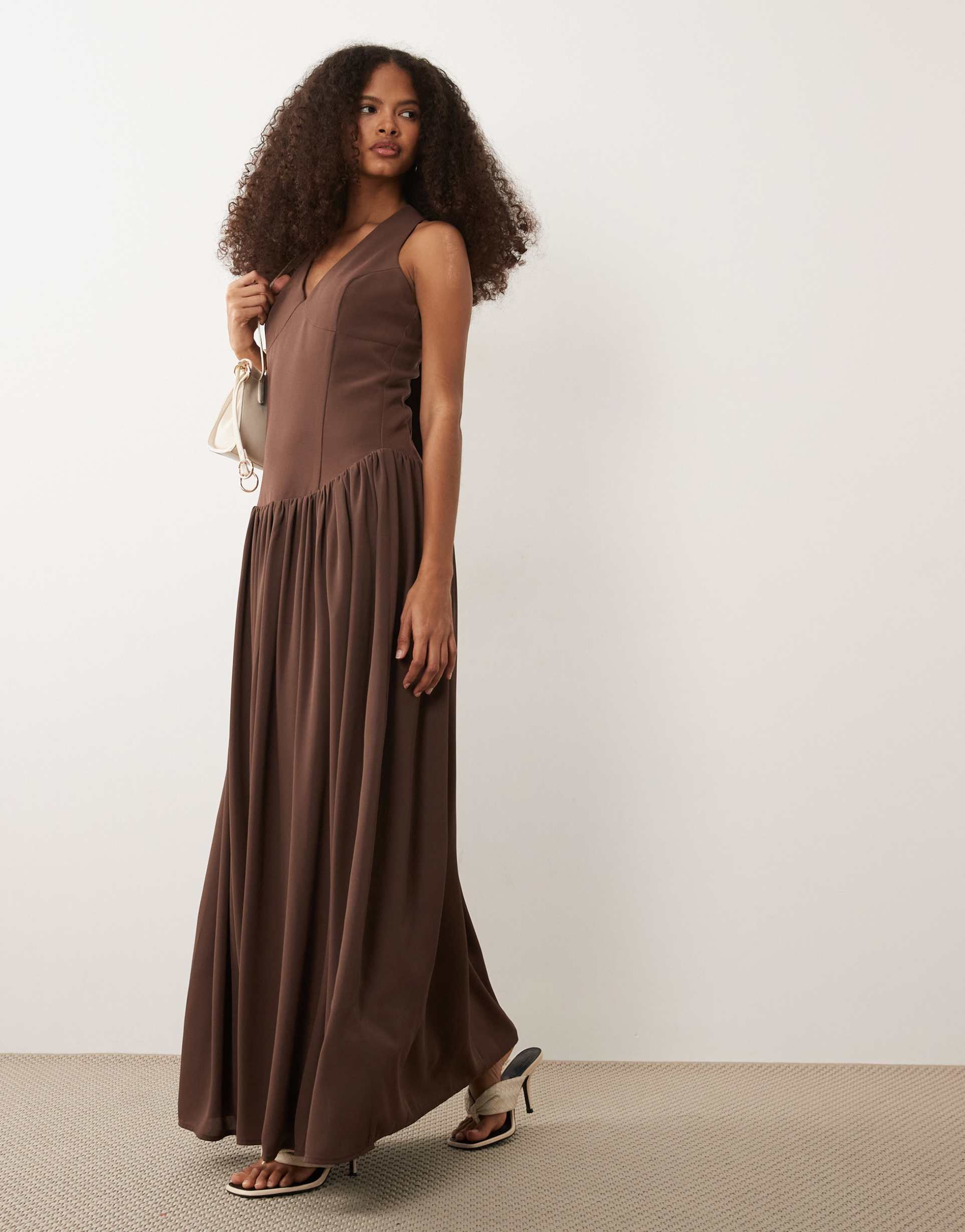 pretty lavish isadora dropped waist fitted halter neck maxi dress in brown