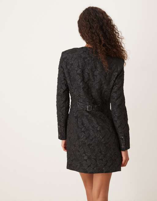 Pretty Lavish jacquard double breasted button up round neck blazer dress in black, 2 of 4