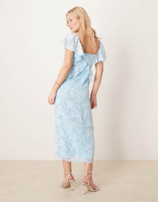 Pretty Lavish jacquard ruffle midaxi dress in powder blue, 3 of 4