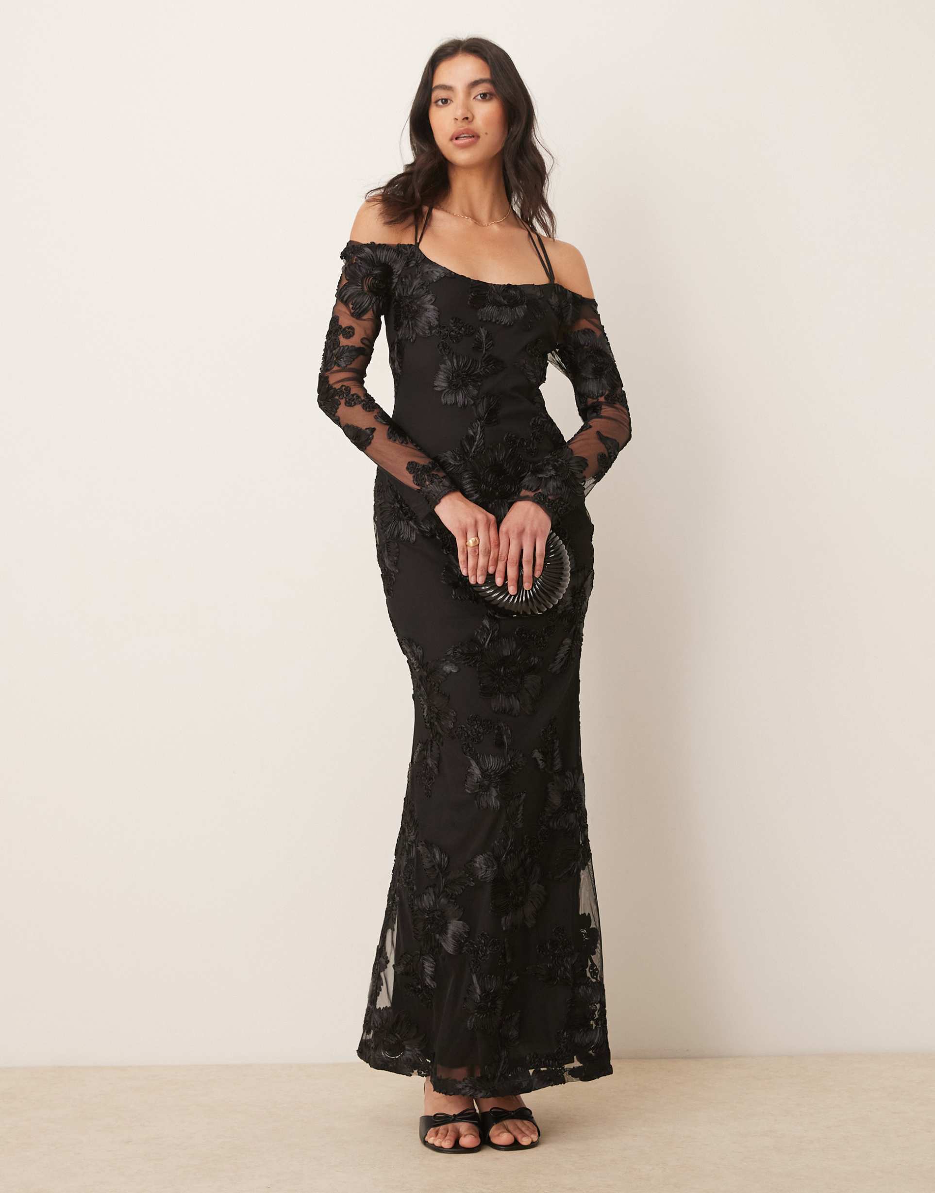 pretty lavish jamila long sleeve maxi dress in black floral