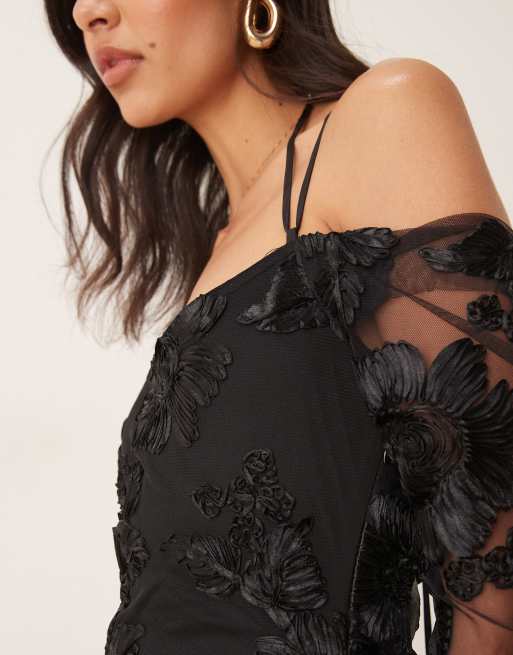 Pretty Lavish - Jamila - Vestito lungo a maniche lunghe nero a fiori, 2 di 4