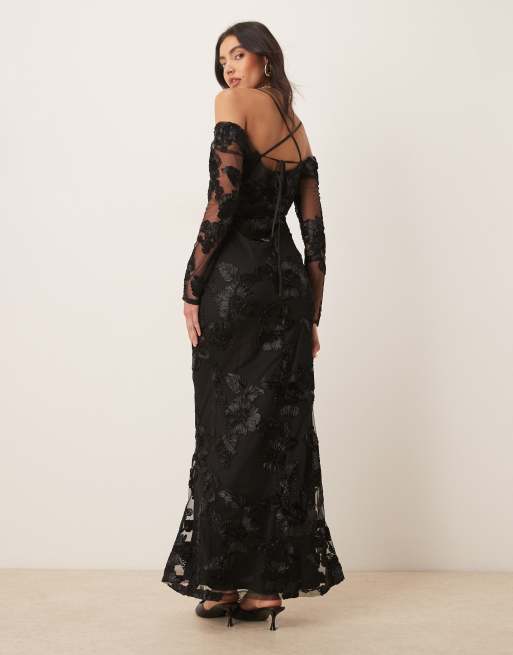 Pretty Lavish - Jamila - Vestito lungo a maniche lunghe nero a fiori, 3 di 4
