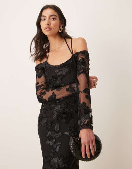 Pretty Lavish - Jamila - Vestito lungo a maniche lunghe nero a fiori, 4 di 4