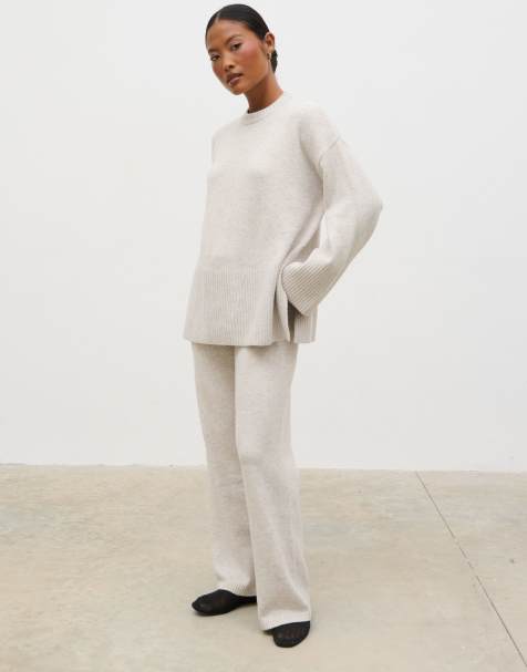 Pretty Lavish folded waistband knit trouser co-ord in light grey