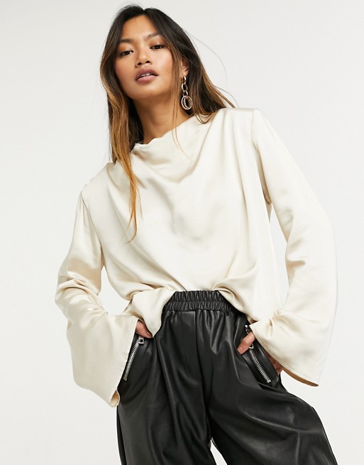 Pretty Lavish Jayda high neck drape blouse with flared sleeve in oyster