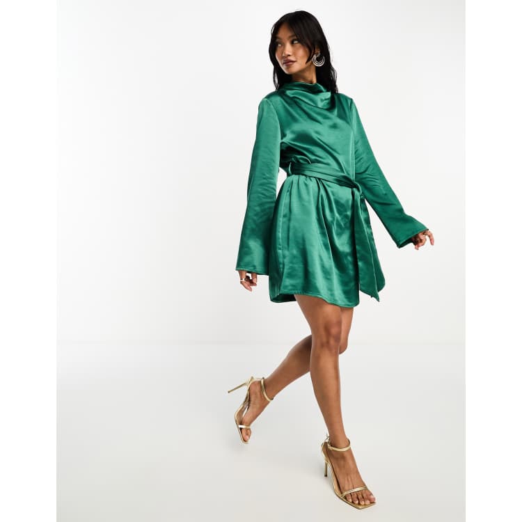 Pretty Lavish Jayda satin tie waist mini dress in emerald green