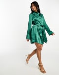 [Pretty Lavish] Pretty Lavish Jayda satin tie waist mini dress in emerald green XS Emerald Green