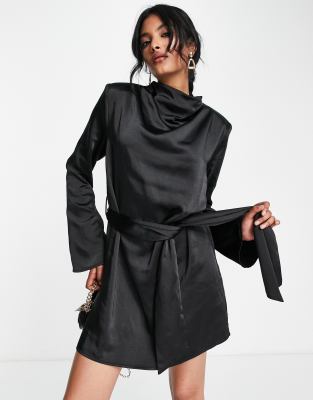 Pretty Lavish Jayda tie waist satin mini dress in black