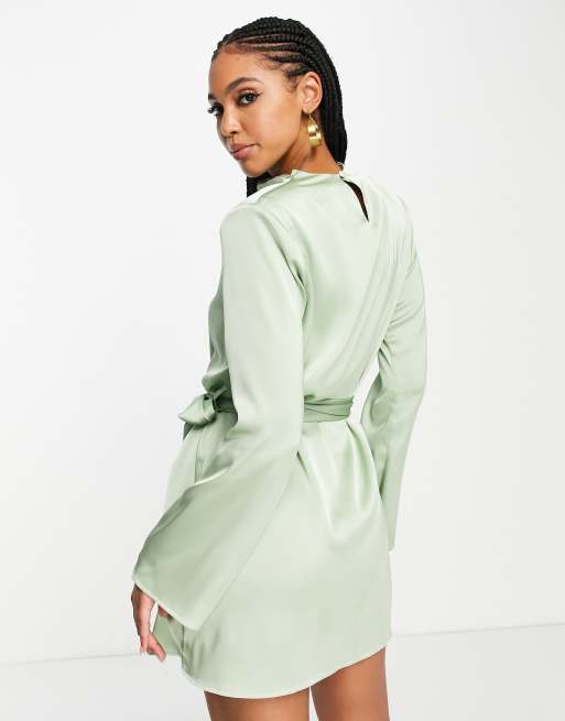 mint satin mini dress Strappy Cut Out Tie Front Lace Trim Mini Slip Dress In Mint Satin | EGO US