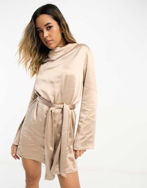 Pretty Lavish Jayda tie waist satin mini dress in mocha