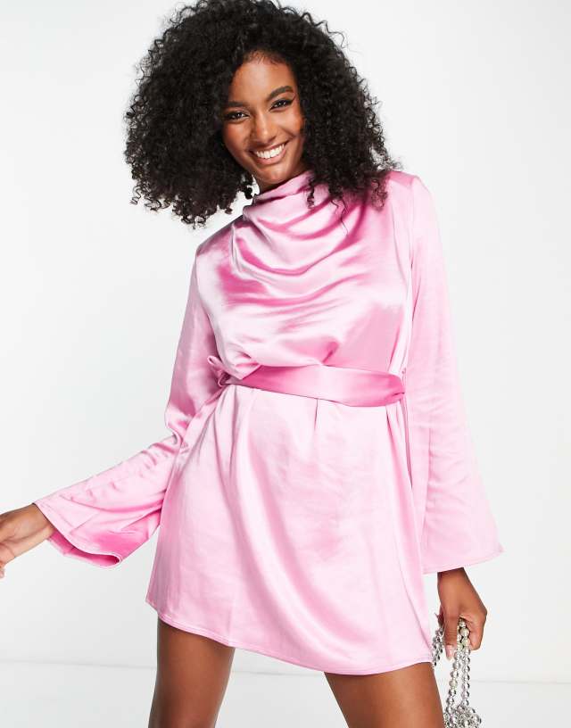 Pretty Lavish Jayda tie waist satin mini dress in pink